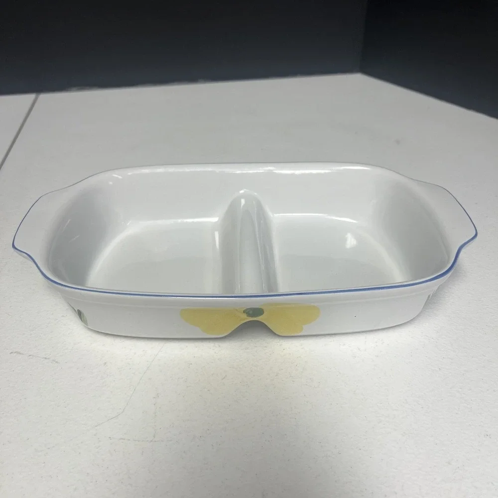 Maxam white with yellow & blue florals bakeware hand painted Portugal 2 sections